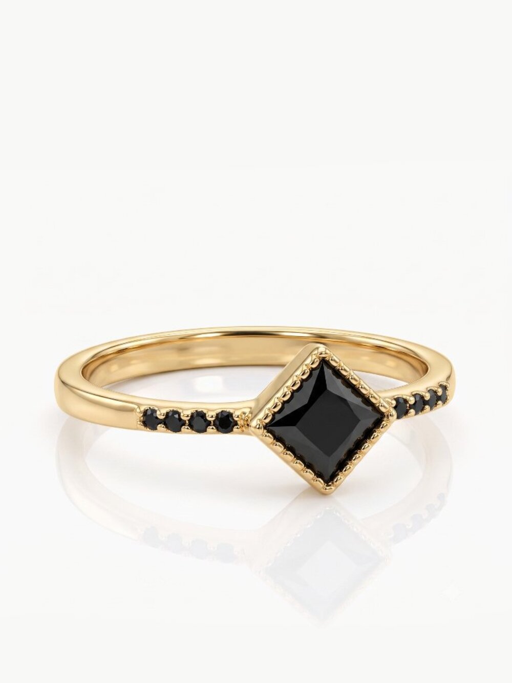 Dainty Gold Ring with Black Gemstone, 925 Sterling Silver, 10k Gold Finish